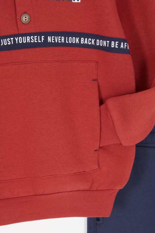 Bordo Şerit Yazılı Kapüşonlu Erkek Çocuk Şardonlu Eşofman Takımı 16973