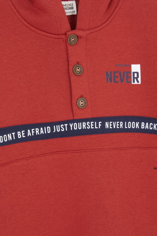 Bordo Şerit Yazılı Kapüşonlu Erkek Çocuk Şardonlu Eşofman Takımı 16973