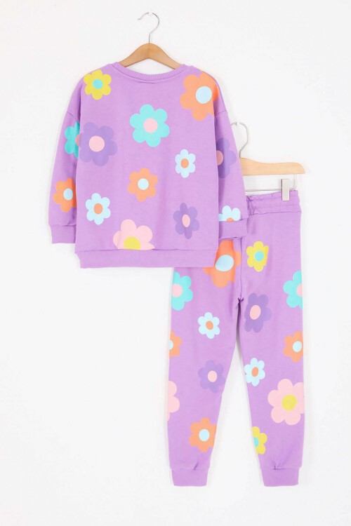 Çiçek Desenli Kız Çocuk Lila Takım 16803
