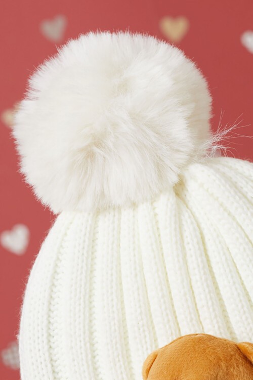 Ekru Ayıcık Detaylı Ponponlu Çocuk Bere 17228