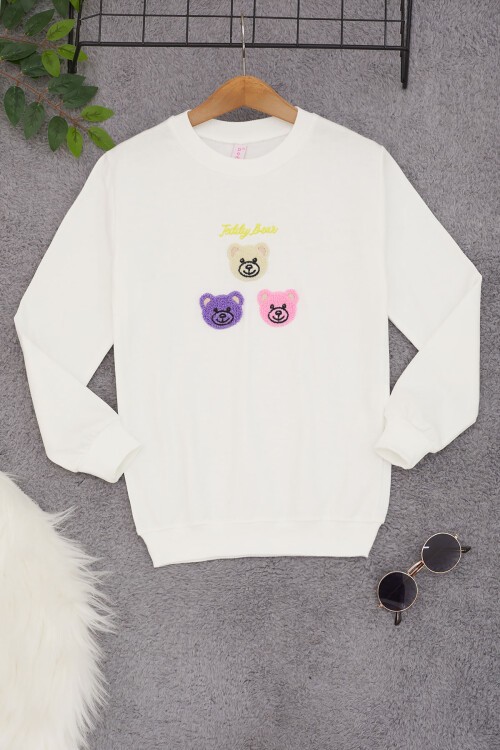 Ekru Ayıcık Nakışlı Kız Çocuk Kız Çocuk Sweatshirt 17197