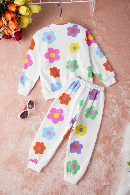 Ekru Çiçek Baskılı Kız Çocuk Eşofman Takımı 17315