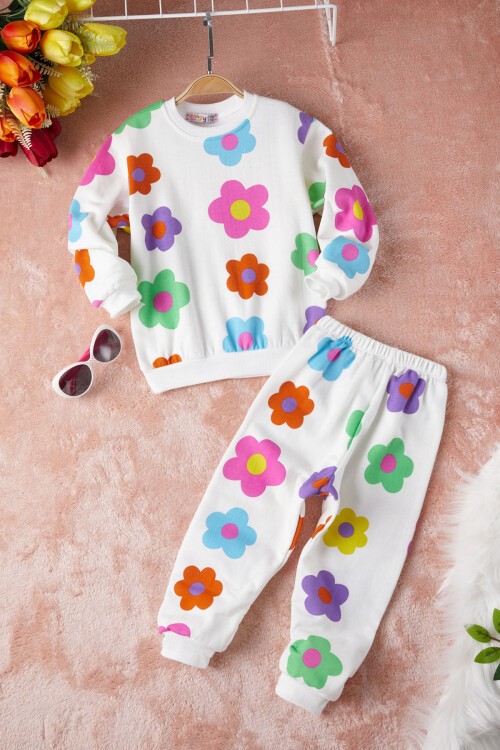 Ekru Çiçek Baskılı Kız Çocuk Eşofman Takımı 17315