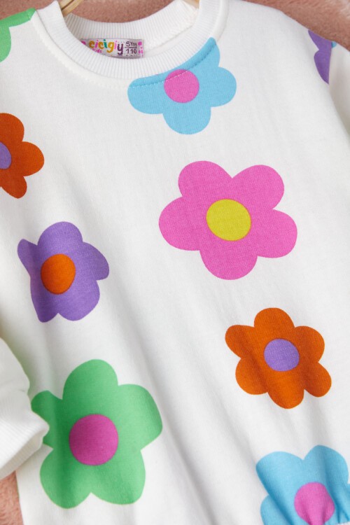 Ekru Çiçek Baskılı Kız Çocuk Eşofman Takımı 17315