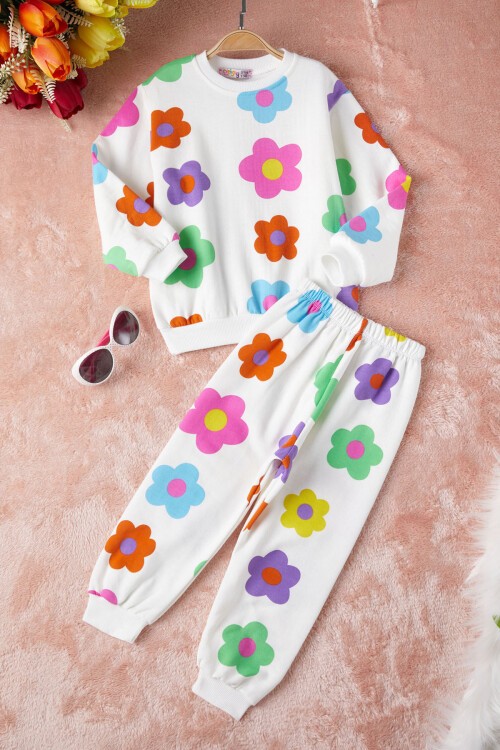 Ekru Çiçek Baskılı Kız Çocuk Eşofman Takımı 17315