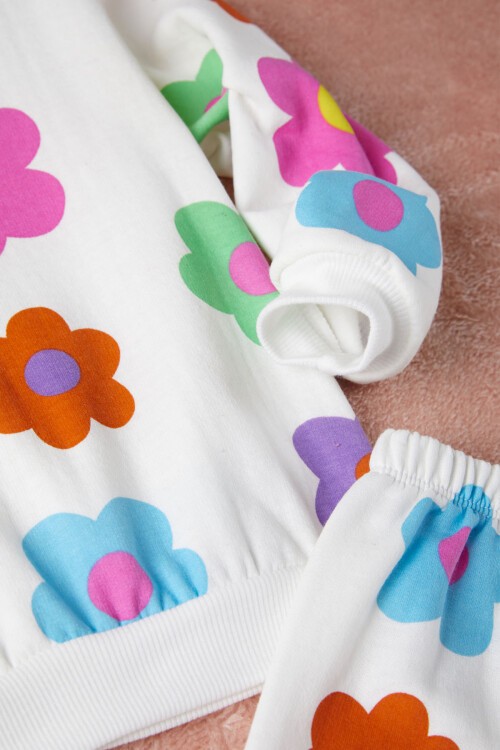 Ekru Çiçek Baskılı Kız Çocuk Eşofman Takımı 17315