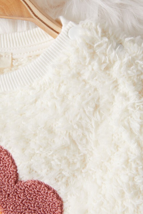 Ekru Çiçek Nakışlı Kız Bebek Peluş Eşofman Takımı 17123