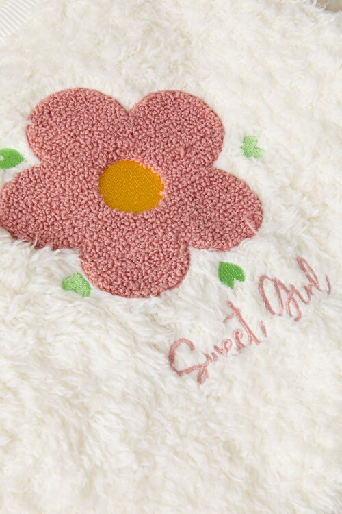 Ekru Çiçek Nakışlı Kız Bebek Peluş Eşofman Takımı 17123