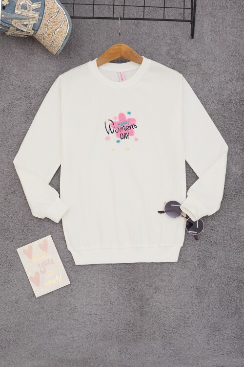 Ekru Çiçek Nakışlı Kız Çocuk Kız Çocuk Sweatshirt 17191