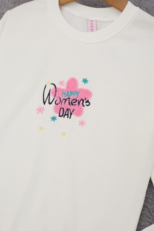 Ekru Çiçek Nakışlı Kız Çocuk Kız Çocuk Sweatshirt 17191