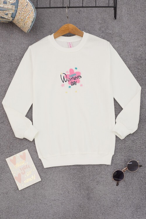 Ekru Çiçek Nakışlı Kız Çocuk Kız Çocuk Sweatshirt 17191