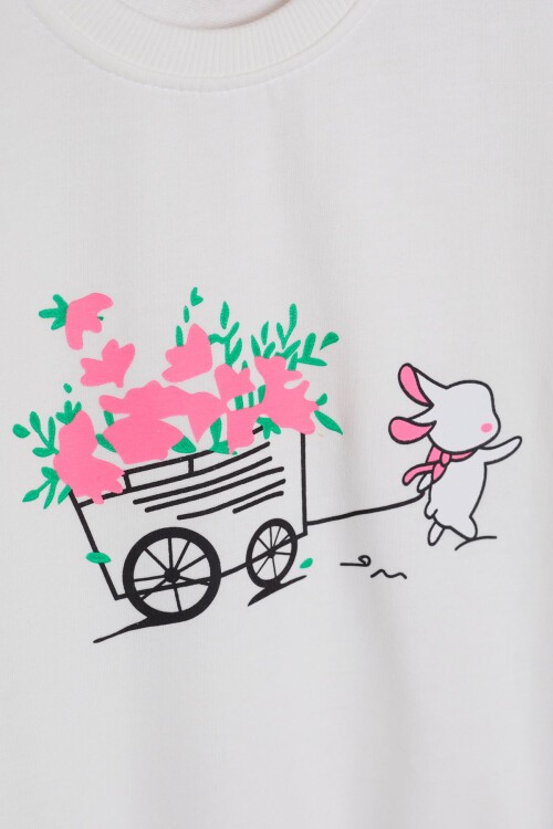 Ekru Çiçekli Tavşan Baskılı Kız Çocuk Sweatshirt 17275