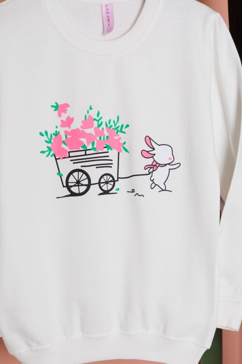 Ekru Çiçekli Tavşan Baskılı Kız Çocuk Sweatshirt 17275