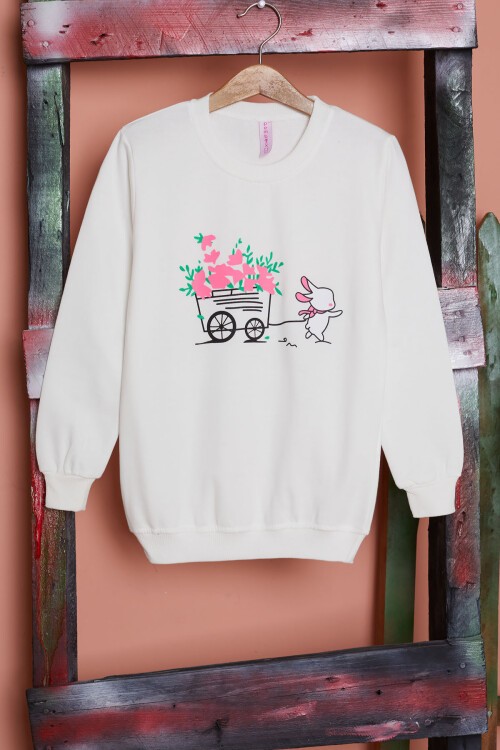 Ekru Çiçekli Tavşan Baskılı Kız Çocuk Sweatshirt 17275