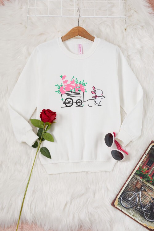 Ekru Çiçekli Tavşan Baskılı Kız Çocuk Sweatshirt 17275