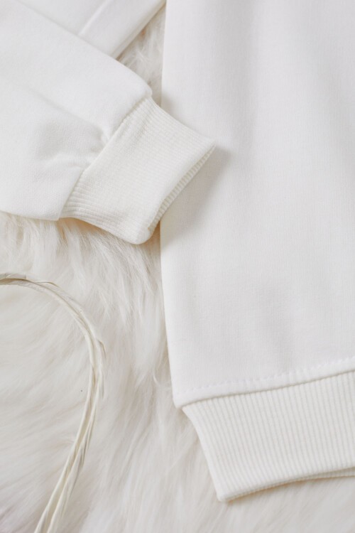 Ekru Gülen Yüz Baskılı Kız Çocuk Bisiklet Yaka Sweatshirt 17286