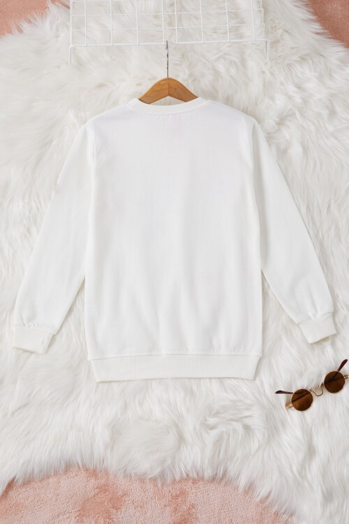 Ekru Gülen Yüz Baskılı Kız Çocuk Bisiklet Yaka Sweatshirt 17286