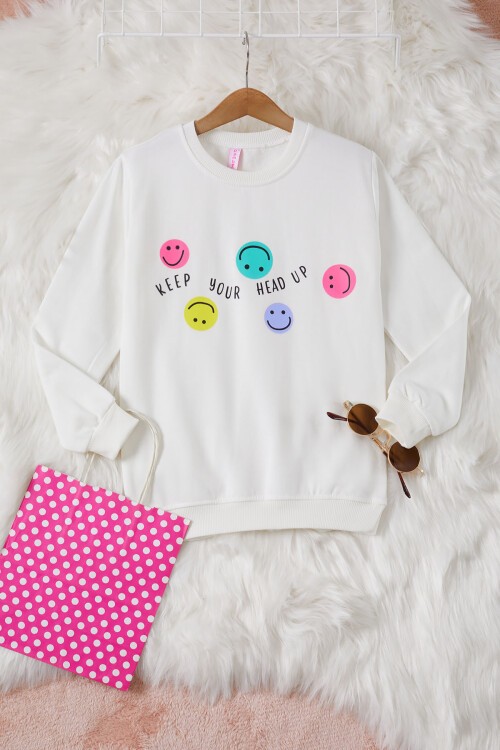 Ekru Gülen Yüz Baskılı Kız Çocuk Bisiklet Yaka Sweatshirt 17286