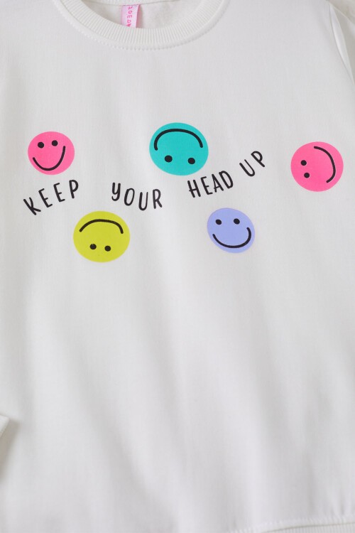 Ekru Gülen Yüz Baskılı Kız Çocuk Bisiklet Yaka Sweatshirt 17286