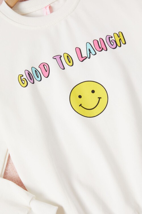 Ekru Gülen Yüz Sırtı Baskılı Kız Çocuk Sweatshirt 16700