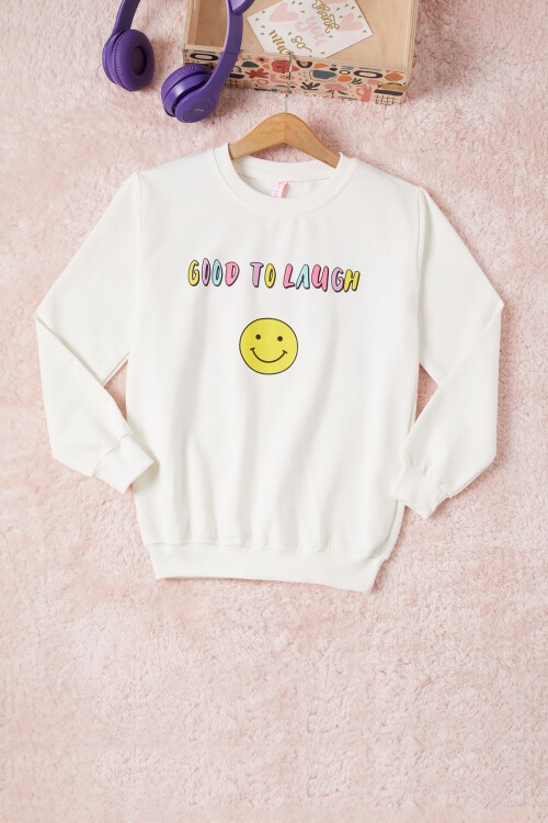 Ekru Gülen Yüz Sırtı Baskılı Kız Çocuk Sweatshirt 16700