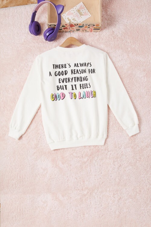 Ekru Gülen Yüz Sırtı Baskılı Kız Çocuk Sweatshirt 16700