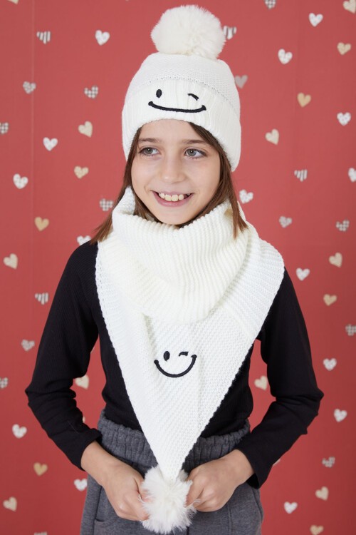 Ekru Gülenyüz Nakışlı Ponponlu Kız Çocuk Atkı Bere Seti 17300