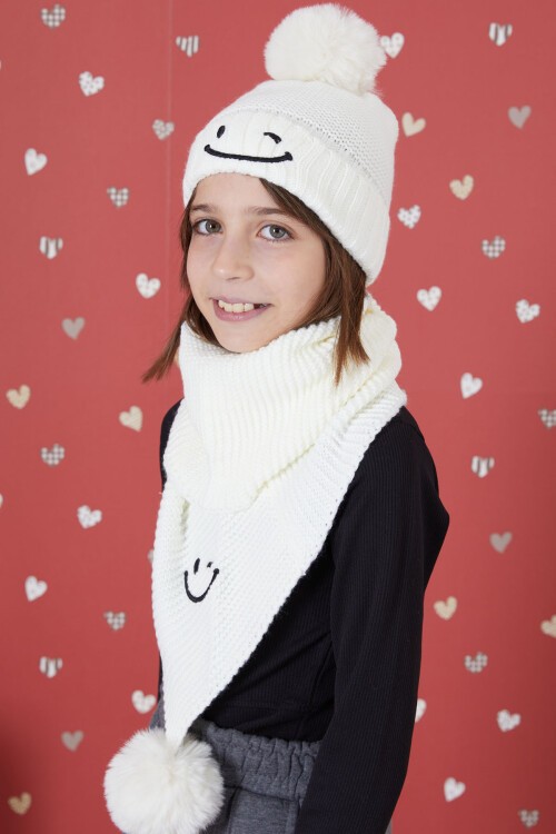 Ekru Gülenyüz Nakışlı Ponponlu Kız Çocuk Atkı Bere Seti 17300