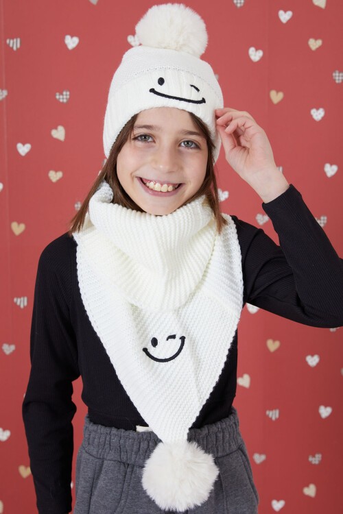 Ekru Gülenyüz Nakışlı Ponponlu Kız Çocuk Atkı Bere Seti 17300