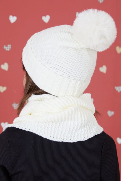 Ekru Gülenyüz Nakışlı Ponponlu Kız Çocuk Atkı Bere Seti 17300