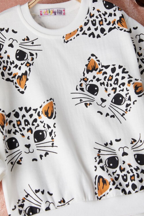 Ekru Kedi Baskılı Kız Çocuk Eşofman Takımı 17316