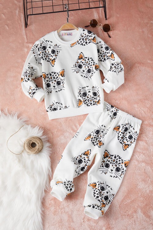 Ekru Kedi Baskılı Kız Çocuk Eşofman Takımı 17316