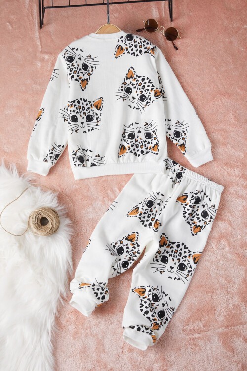 Ekru Kedi Baskılı Kız Çocuk Eşofman Takımı 17316