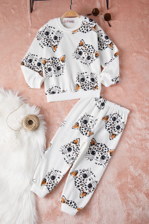Ekru Kedi Baskılı Kız Çocuk Eşofman Takımı 17316