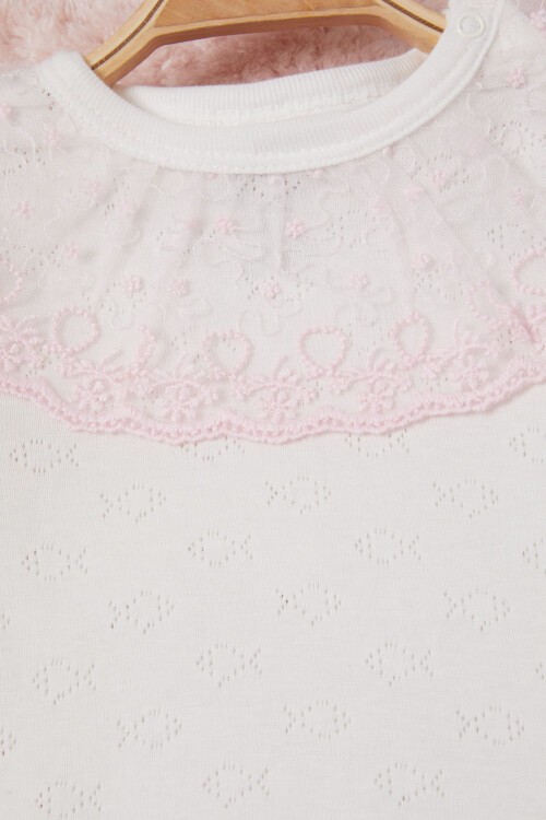 Ekru Kız Bebek Dantel Yakalı Uzun Kol Çıtçıtlı Badi 16841