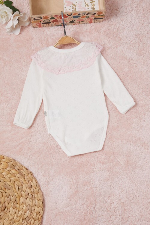 Ekru Kız Bebek Dantel Yakalı Uzun Kol Çıtçıtlı Badi 16841