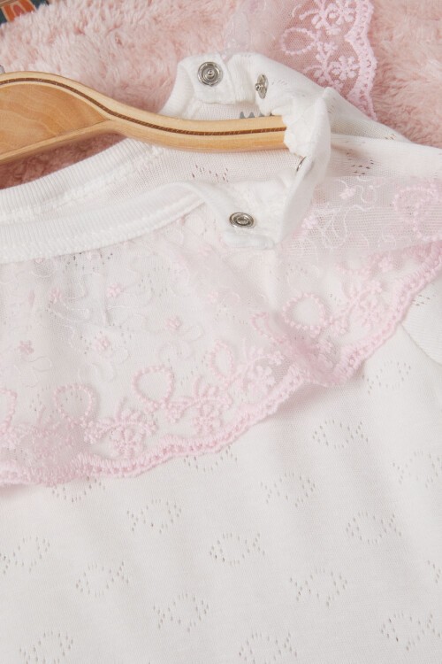 Ekru Kız Bebek Dantel Yakalı Uzun Kol Çıtçıtlı Badi 16841