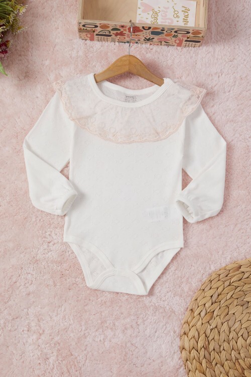 Ekru Kız Bebek Dantel Yakalı Uzun Kol Çıtçıtlı Badi 16842