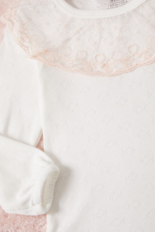 Ekru Kız Bebek Dantel Yakalı Uzun Kol Çıtçıtlı Badi 16842