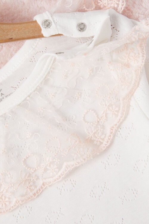 Ekru Kız Bebek Dantel Yakalı Uzun Kol Çıtçıtlı Badi 16842
