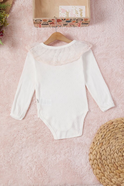 Ekru Kız Bebek Dantel Yakalı Uzun Kol Çıtçıtlı Badi 16842