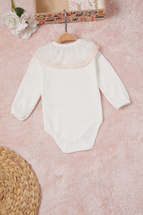 Ekru Kız Bebek Dantel Yakalı Uzun Kol Çıtçıtlı Badi 16848