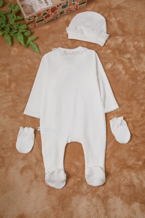 Ekru Kız Bebek Kelebek Baskılı 3lü Tulum Takım 16686