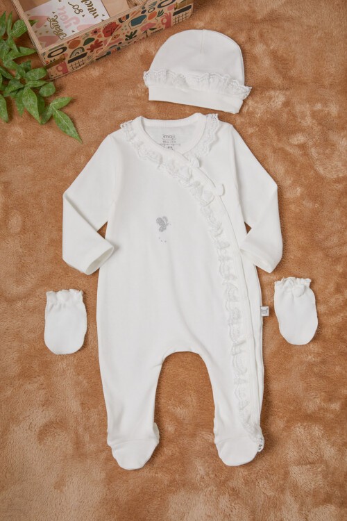 Ekru Kız Bebek Kelebek Baskılı 3lü Tulum Takım 16686