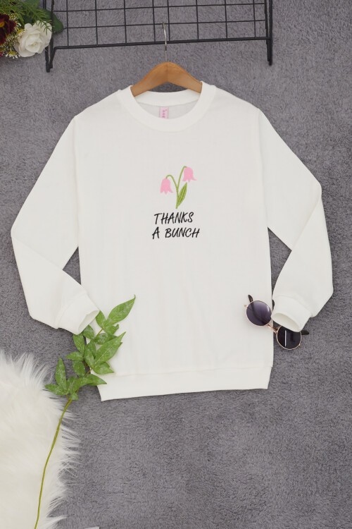Ekru Lale Nakışlı Kız Çocuk Kız Çocuk Sweatshirt 17209