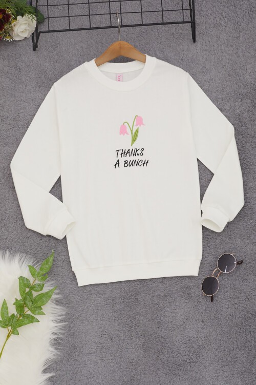 Ekru Lale Nakışlı Kız Çocuk Kız Çocuk Sweatshirt 17209