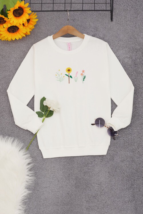 Ekru Papatya Nakışlı Kız Çocuk Kız Çocuk Sweatshirt 17203