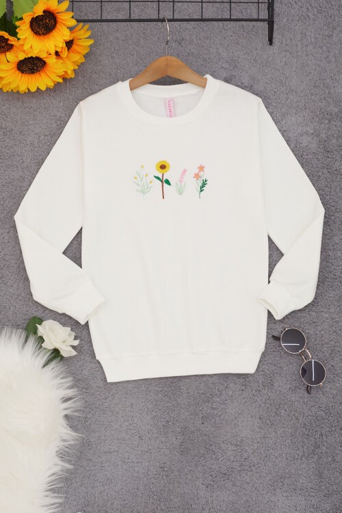 Ekru Papatya Nakışlı Kız Çocuk Kız Çocuk Sweatshirt 17203