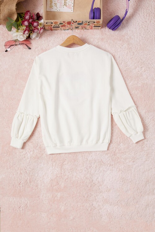 Ekru Renkli Kalp Desenli Payetli Kız Çocuk Sweatshirt 16692