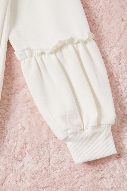 Ekru Renkli Kalp Desenli Payetli Kız Çocuk Sweatshirt 16692